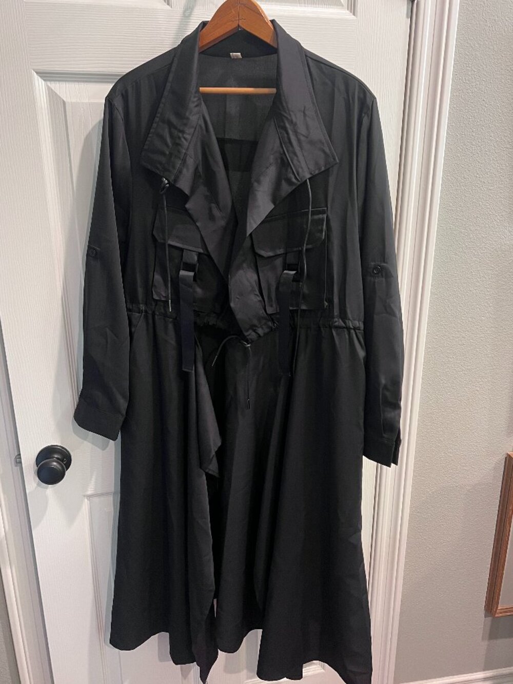 Asymmetrical Black Open-Style Trenchcoat